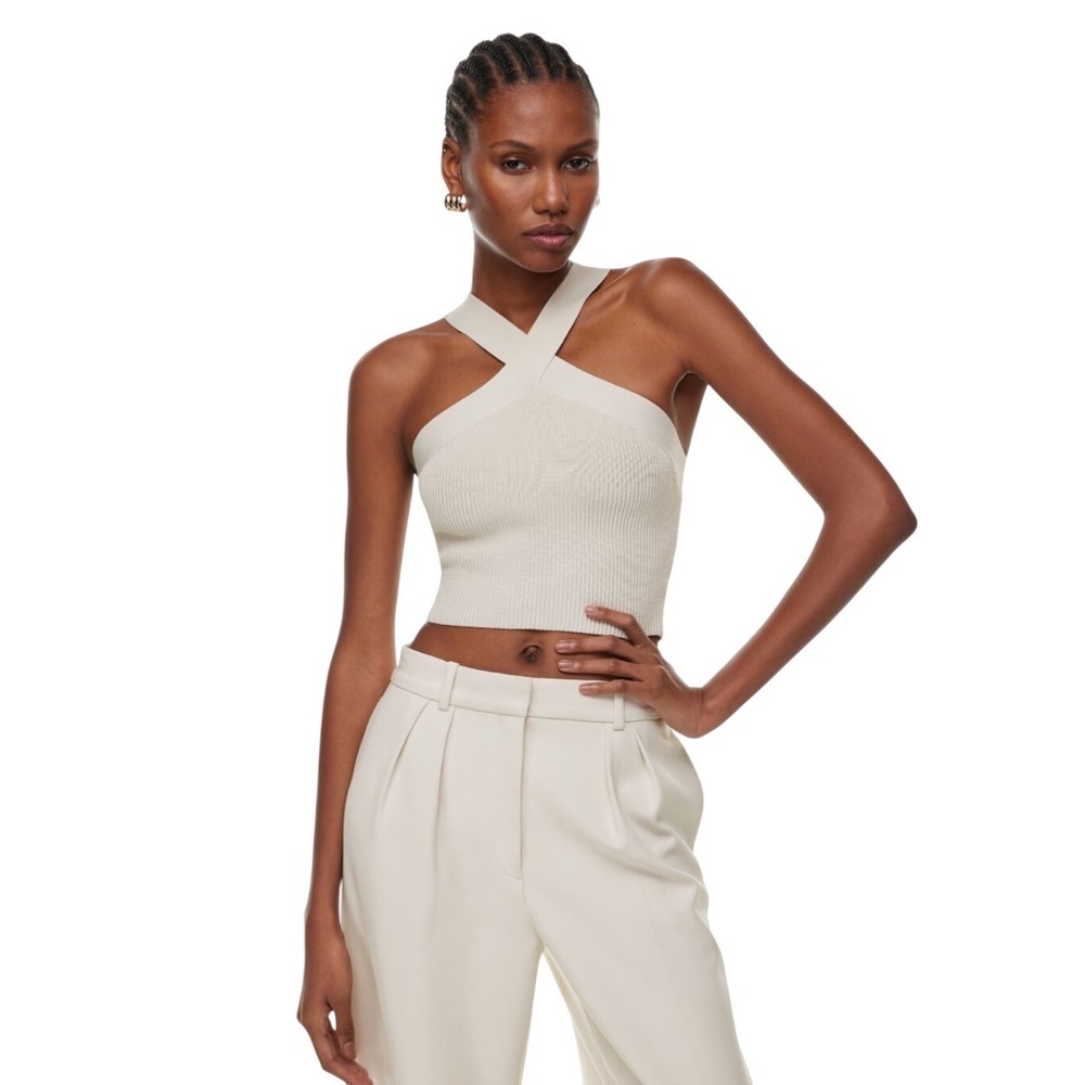 Abercrombie & Fitch White Ribbed Cross Front Halter Cropped Tank Top Small
